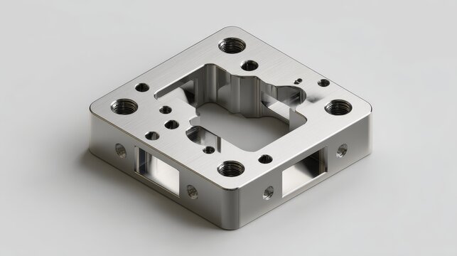 A detailed 3D render of a custom machined fixture template. The object is shown in an isometric view, highlighting the depth of the pockets and the thickness of the material. Clean, grey background.