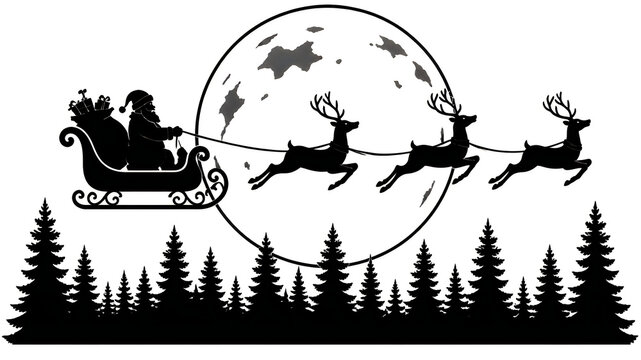 Santa Claus riding a sleigh with reindeer flying across a full moon silhouette