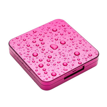 Pink cosmetic powder compact case with water droplets isolated on white background