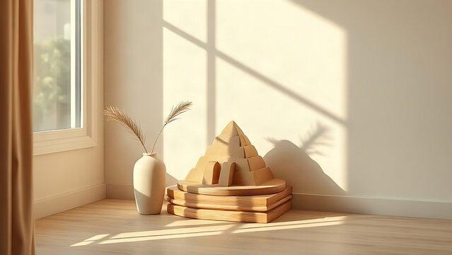 Miniature ziggurat sculpture with dried palm frond, ancient culture and home decor concept