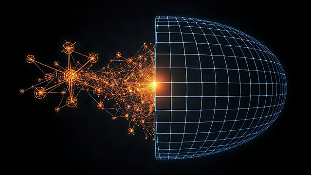 Quantum particles and curved spacetime grid merging, science and abstract physics concept