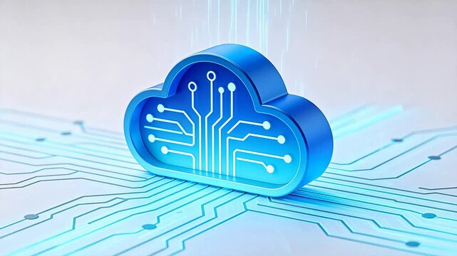 Blue 3D cloud model with white circuit lines on light plane surface