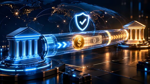 Futuristic digital global banking concept with secure money transfer and financial transactions between virtual bank buildings