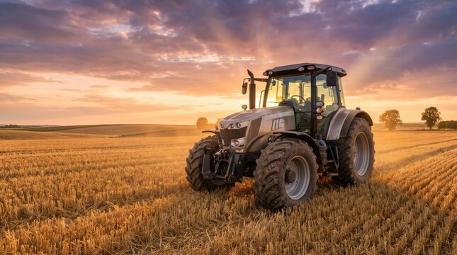 A modern grey tractor parked in a harvested wheat field under a dramatic sunset sky with golden light, rolling hills in the background, and stubble covering the ground