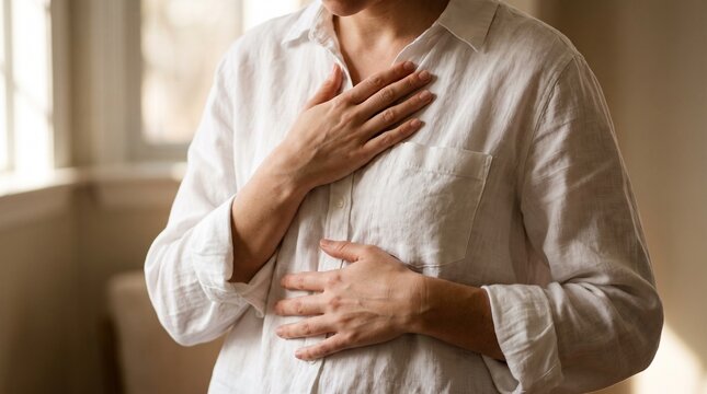 Close Up Woman Hands on Chest and Belly Practicing Breathwork for Mindfulness and Stress Relief