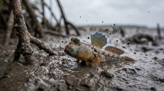 Blue Spotted Mudskipper Fish Crawling on Wet Mangrove Mudflat for Wildlife Documentaries