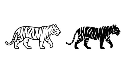Obraz premium Silhouette and Outline of a Tiger Walking in Profile, Minimalist Animal Illustration