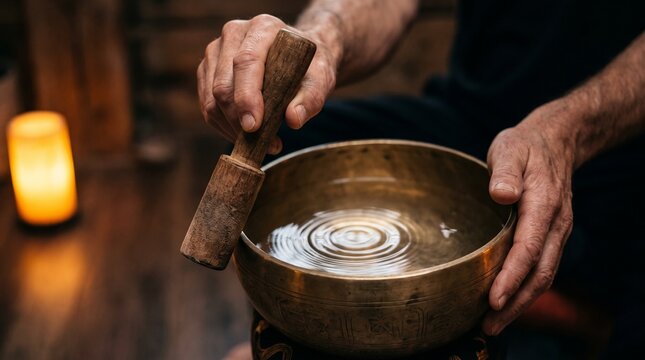 Hands Playing Brass Singing Bowl with Water Vibrations for Sound Healing Therapy