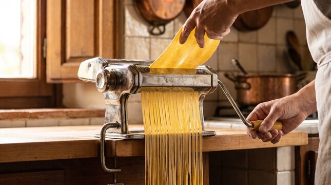 Chef Hands Making Fresh Noodle Pasta Dough with Vintage Machine for Italian Cooking Tutorials