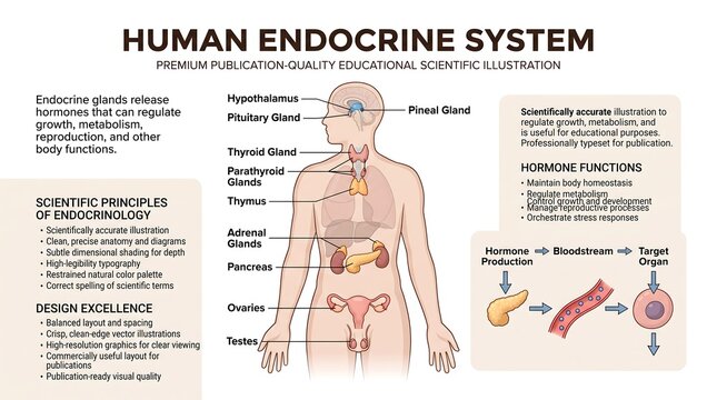 Human endocrine system infographic diagram isolated on transparent background