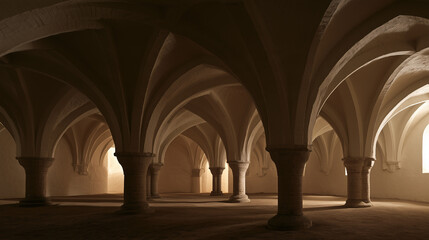 Fototapeta premium Whitewashed vaulted undercroft with plain brick ribs and an earth floor