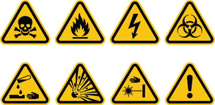 Yellow warning hazard triangular signs set featuring toxic biohazard explosive flammable voltage laser danger icons vector illustration
