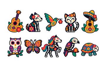 Fototapeta premium Day of the Dead Mexican Decorative Icon Set with Mariachi Guitar, Calavera Animals, Butterfly, Horse, Owl and Traditional Motifs
