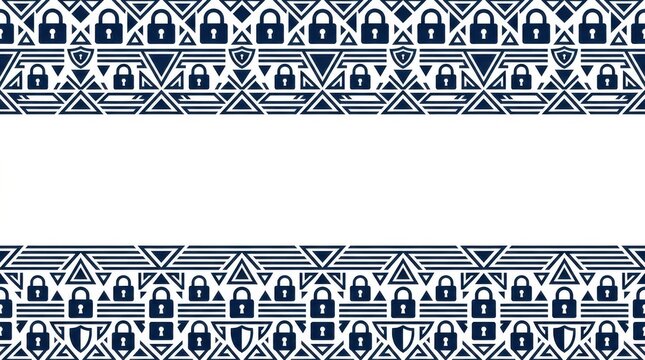 Dark blue geometric pattern with padlock icons and central copy space