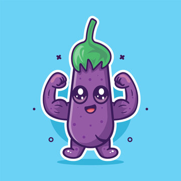 happy eggplant character flexing muscular biceps 
