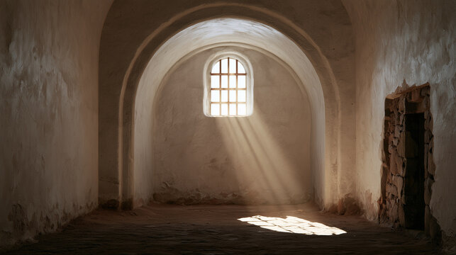 Cliff side monastery cell with a small arched window and bare walls