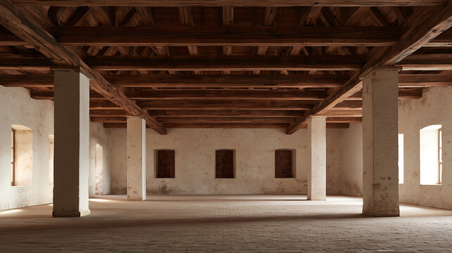 Empty pale brick malthouse floor under a low timber ceiling