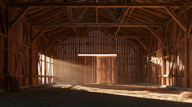 Empty timber hayrack shelter with an open gable and bare ground