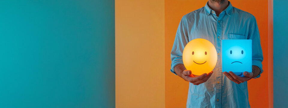 Conceptual studio portrait of a person holding two illuminated cubes with contrasting emotions: a glowing yellow sphere with a smiling face and a blue square with a sad face against a split-color back