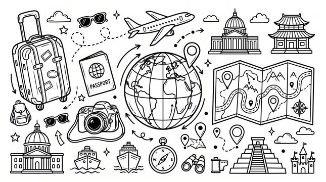 Hand drawn travel and vacation doodle set featuring globe camera passport map suitcase airplane and famous landmarks for tourism and journey concepts.
