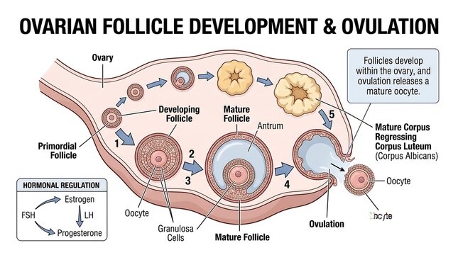 Ovarian follicle development and ovulation medical vector illustration isolated on transparent background