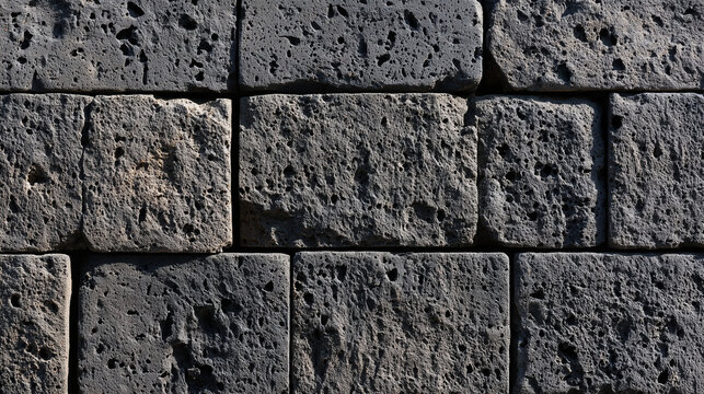 Wall of dark volcanic scoria blocks with deep pitted holes