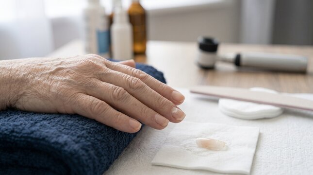 Elderly person hand resting on a dark blue towel after professional manicure with nail care senior hands aged skin beauty treatment salon service