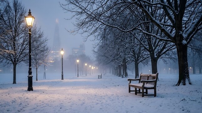 Snowy park bench under illuminated vintage street lamps at night