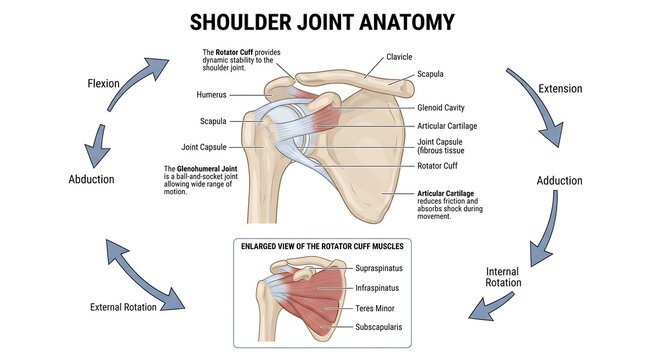 Shoulder joint anatomy diagram isolated on transparent background showing bones, muscles and movements