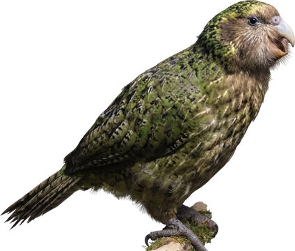 Rare flightless kakapo parrot perched on a branch with moss on transparent background, wildlife and endangered animal concept