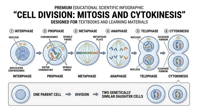 Cell division mitosis and cytokinesis infographic vector illustration isolated on transparent background