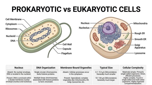 Prokaryotic vs eukaryotic cells educational vector illustration isolated on transparent background