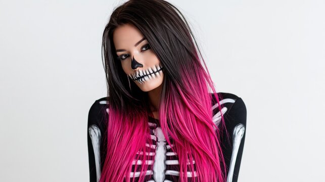Portrait of a young woman with skeleton face makeup and pink hair