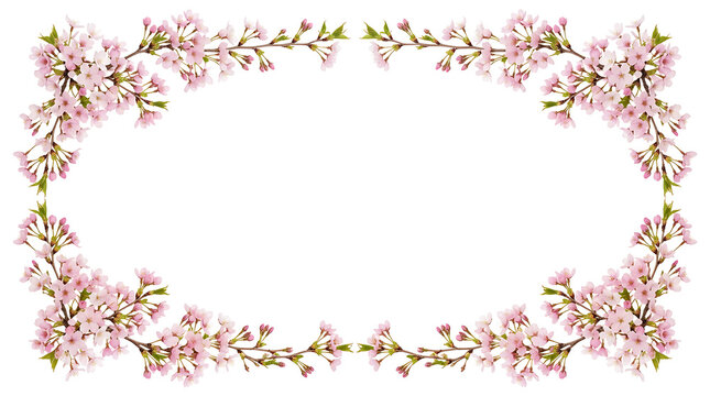 Frame made of beautiful cherry blossom branches isolated on white background