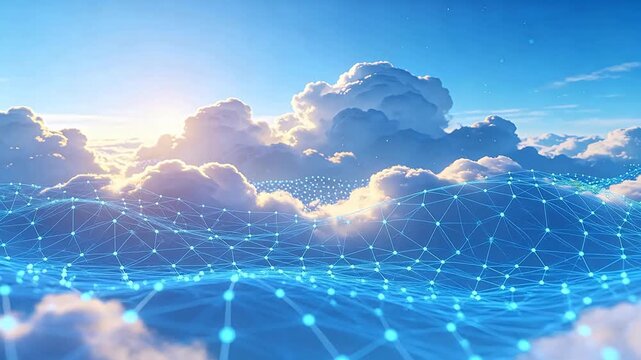 Digital network structure with blue nodes and lines embedded in white clouds