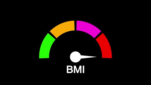 Colorful Gauge Meter Indicating BMI with a Needle Pointing to the Orange Zone Against a Black Background Representing Health Measurement and Body Composition Analysis