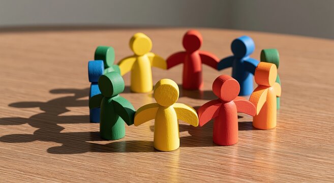 Figures of colorful wooden toy people in a circle representing teamwork community diversity unity and collaboration