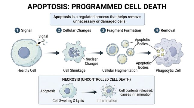Apoptosis diagram vector illustration isolated on transparent background showing programmed cell death stages