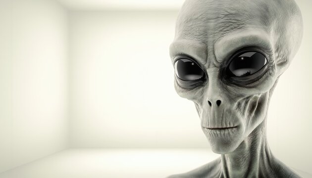 Portrait of a classic grey alien in a bright white room