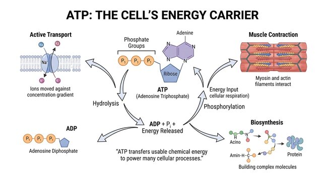 ATP energy carrier biological infographic diagram showing cellular respiration, active transport, and muscle contraction isolated on white background