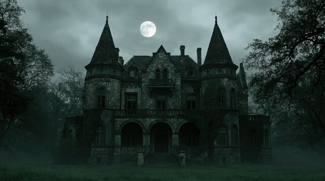 Mansion with a spooky gothic house abandoned in the dark night under a scary full moon for a creepy horror scene
