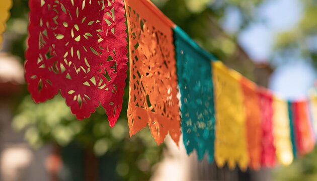 Papel picado flags hanging outdoors for a colorful mexican fiesta celebration with festive tradition and culture