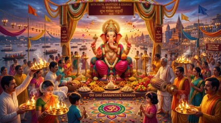 Fototapeta premium Worshippers engaged in a serene aarti ceremony by the riverbank celebrating spiritual traditions with devotion and harmony