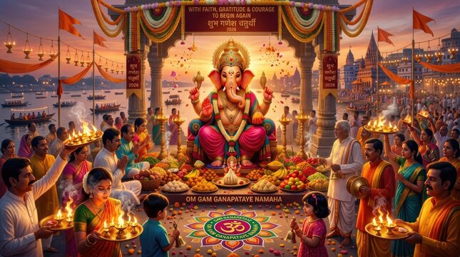 A majestic ganesha idol surrounded by festive offerings and devotees at a vibrant riverbank celebration