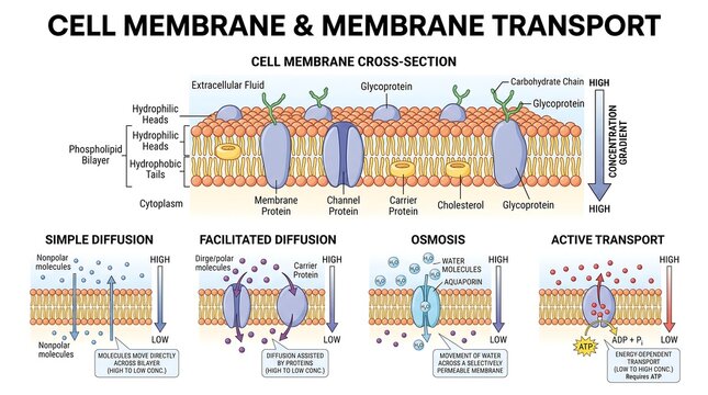 Cell membrane and membrane transport infographic vector illustration isolated on transparent background