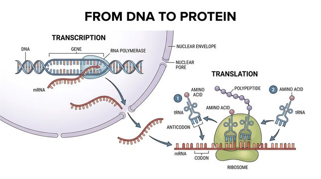 DNA to protein translation vector illustration isolated on transparent background