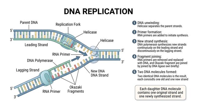 DNA replication diagram infographic isolated on transparent background