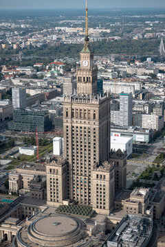 Warsaw, Poland - July 13, 2026: Palace of Culture and Science dominates the central Warsaw cityscape in a view from the Highline Warsaw observation deck at Varso Tower.