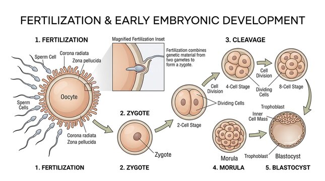 Fertilization and early embryonic development diagram isolated on transparent background