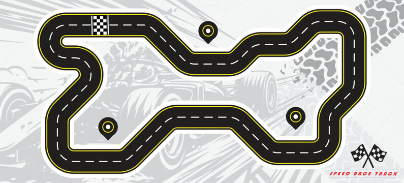 Speed Race Background. Race track in black color with tyre marks and city map on a white background.